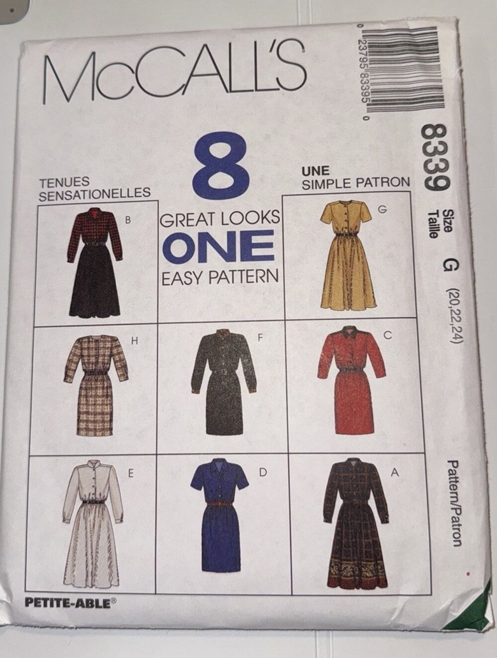 McCall’s 8339 Misses Dress Sewing Pattern Size 20-24 Uncut Petite Easy